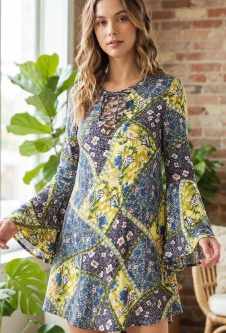 Entro Floral Patchwork Style Lace Front Bell Sleeve Dress